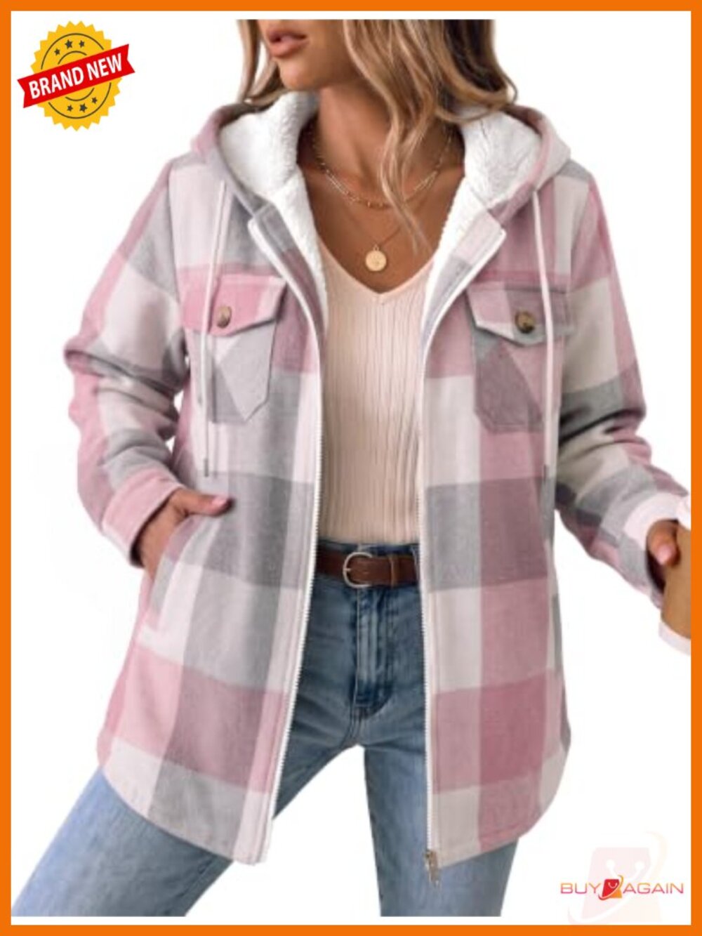 Zeagoo Women's Flannel Plaid Shacket Fleece Lined Hooded Zip Winter Coat